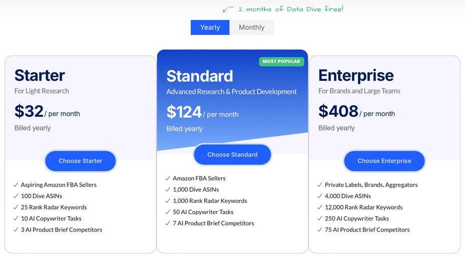 Data Dive pricing plans comparison chart